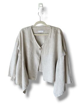 Bryn Walker Lagenlook One-Button Linen  Asymmetrical Jacket in Parsnip Size S